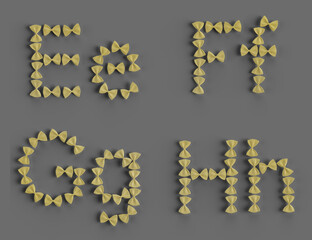 3d rendering of letters laid out from farfalle pasta