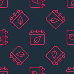 Red line Calendar with autumn leaves icon isolated seamless pattern on black background. Vector