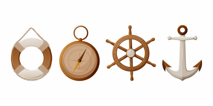 Lifebuoy, rudder, ship steering wheel, compass, anchor, sea elements set, vector illustration in nautical marine style. For banner, sticker, social media. Concept of journey, water travel