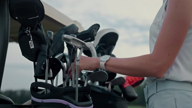 Woman prepare golf equipment bag on course. Lady hands take clubs on sport game.