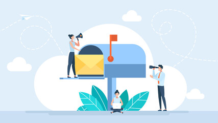 Fototapeta na wymiar Business correspondence, subscription. Mailbox with letter in envelope. Letterbox. Inbox mail and mailbox. Tiny people are happy to receive the letter. Open post box. Flat design. Vector illustration