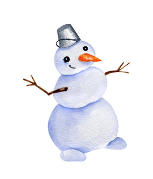 watercolour illustration of snowman, cute, cheerful christmas illustration