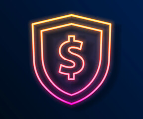 Glowing neon line Shield with dollar symbol icon isolated on black background. Security shield protection. Money security concept. Vector