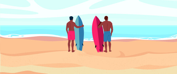 Two men in shorts with a serf board or surfboard on a sunny day at the beach. Beautiful view on the ocean.