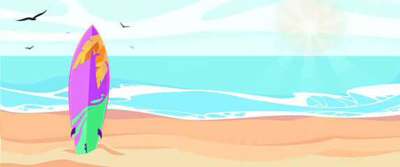 The pink surfboard stand on the sand at the sunny sea. Summer banner with surfboard, sun and beach background for advertising, web site, flyer in modern flat style design vector illustration.