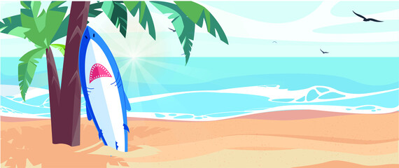 Horizontal shot. Surfboard and palm tree on beach with beach sign for surfing area. Travel adventure and water sport. relaxation and summer vacation concept. vintage color tone illustration