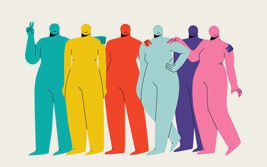 Group of abstract multicolored cute women. Disproportionate female figures in different poses. Vector flat trendy illustration.
