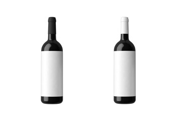 Two Wine bottles mockup isolated on white background. 3d rendering. black and white bottle caps.