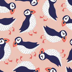 Nordic puffins hand drawn vector illustration. Cute Icelandic birds in flat style seamless pattern for kids fabric or wallpaper.