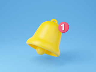 Notification bell icon 3d render - cute cartoon illustration of simple yellow bell with number one.