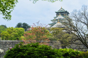 view from distance Osaka castle with beautiful nature against blue sky during spring season in japan
