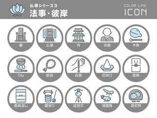 仏事シリーズ3　法事・彼岸　カラーラインアイコンのセット
