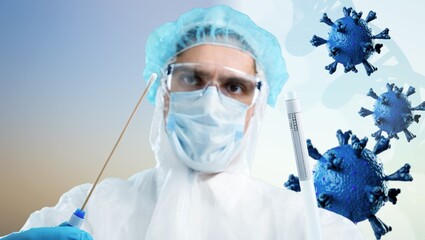Scientist researches concept. Covid-19 samples in test tubes of virologist. Biologist is studying...