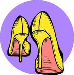 Sexy beautiful feminine woman shoes with elegant  high heels. Luxury clothing lifestyle. Disco club 80s romantic fashion. Hand drawn retro vintage vector illustration. Old style comic cartoon drawing.