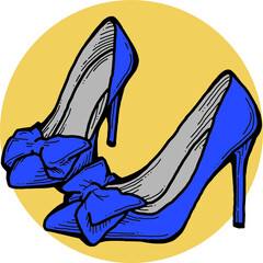 Sexy beautiful feminine woman shoes with elegant  high heels. Luxury clothing lifestyle. Disco club 80s romantic fashion. Hand drawn retro vintage vector illustration. Old style comic cartoon drawing.