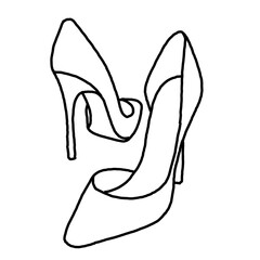 Sexy beautiful feminine woman shoes with elegant  high heels. Luxury clothing lifestyle. Disco club 80s romantic fashion. Hand drawn retro vintage illustration. Simple black line drawing.