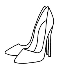 Sexy beautiful feminine woman shoes with elegant  high heels. Luxury clothing lifestyle. Disco club 80s romantic fashion. Hand drawn retro vintage illustration. Simple black line drawing.