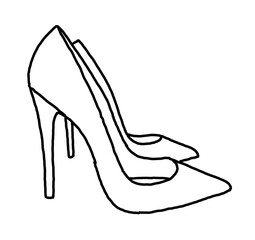 Sexy beautiful feminine woman shoes with elegant  high heels. Luxury clothing lifestyle. Disco club 80s romantic fashion. Hand drawn retro vintage illustration. Simple black line drawing.
