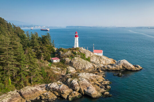 Aerial view of historic landmark Point Atkinson Lighthouse in West Vancouver, British Columbia, Canada.