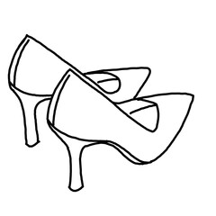 Sexy beautiful feminine woman shoes with elegant  high heels. Luxury clothing lifestyle. Disco club 80s romantic fashion. Hand drawn retro vintage illustration. Simple black line drawing.
