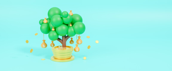 Stacking coins and golden money bag of tree with growing, money tree concept and copy space, saving money and loan for business investment concept, Investors strategy and fund, 3d render illustration - obrazy, fototapety, plakaty