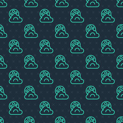 Green line Cloud with moon icon isolated seamless pattern on blue background. Cloudy night sign. Sleep dreams symbol. Night or bed time sign. Vector