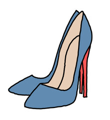 Sexy beautiful feminine woman shoes with elegant  high heels. Luxury clothing lifestyle. Disco club 80s romantic fashion. Hand drawn retro vintage illustration. Old style comic cartoon drawing.