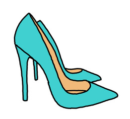 Sexy beautiful feminine woman shoes with elegant  high heels. Luxury clothing lifestyle. Disco club 80s romantic fashion. Hand drawn retro vintage illustration. Old style comic cartoon drawing.