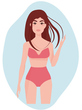 Beautiful woman in a bathing suit. Summer holidays, rest and relaxation. Vacation on the beach. Flat vector illustration