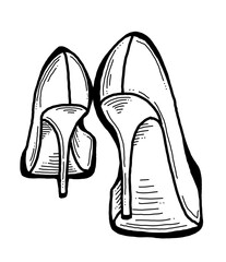 Sexy beautiful feminine woman shoes with elegant  high heels. Luxury clothing lifestyle. Disco club 80s romantic fashion. Hand drawn retro vintage illustration. Old style comic cartoon drawing.
