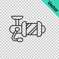 Black line Spinning reel for fishing icon isolated on transparent background. Fishing coil. Fishing tackle. Vector