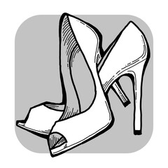Sexy beautiful feminine woman shoes with elegant  high heels. Luxury clothing lifestyle. Disco club 80s romantic fashion. Hand drawn retro vintage illustration. Old style comic cartoon drawing.