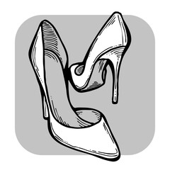 Sexy beautiful feminine woman shoes with elegant  high heels. Luxury clothing lifestyle. Disco club 80s romantic fashion. Hand drawn retro vintage illustration. Old style comic cartoon drawing.