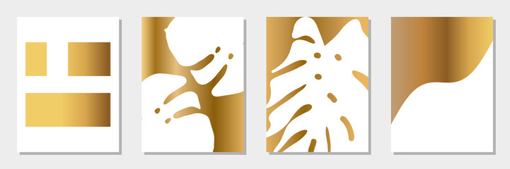 Abstract tropical art set. Monstera palm leaves and simple geometric and abstract shapes in golden gradient and white. Stylish vector minimalist wall art decor.