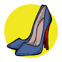 Sexy beautiful feminine woman shoes with elegant  high heels. Luxury clothing lifestyle. Disco club 80s romantic fashion. Hand drawn retro vintage illustration. Old style comic cartoon drawing.