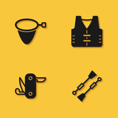 Set Fishing net, Oars or paddles boat, Swiss army knife and jacket icon with long shadow. Vector