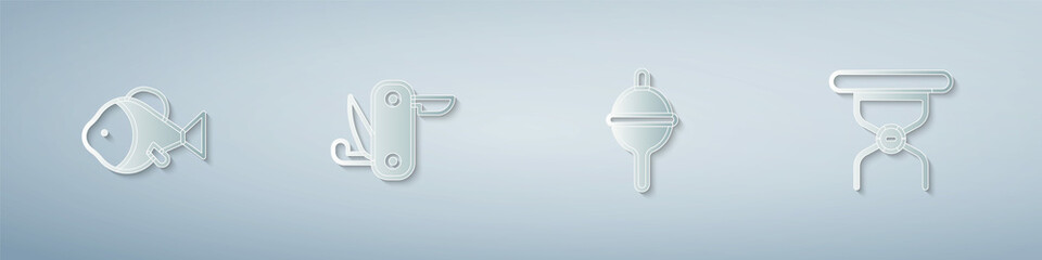 Set Fish, Swiss army knife, Fishing float and Camping folding chair. Paper art style. Vector