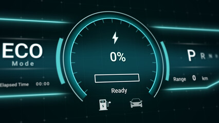 Battery charging status interface on electric vehicle using DC fast charger from charging station, futuristic smart HUD power level indicator UI display for EV industry technology 3d illustration