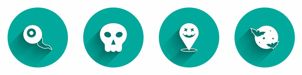 Set Eye, Skull, Happy Halloween holiday and Moon and stars icon with long shadow. Vector