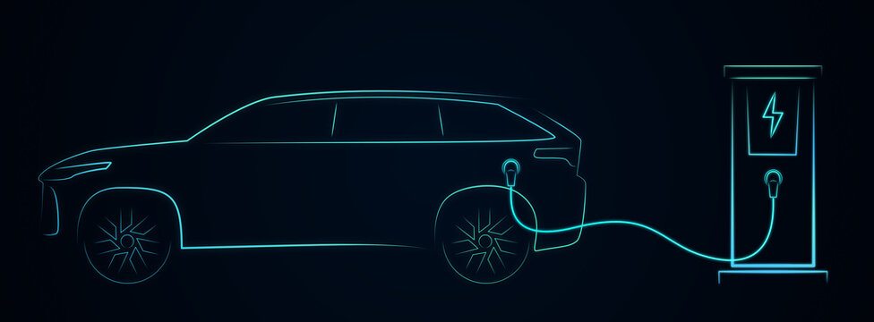 Electric Vehicle fully charging battery using DC fast charger, smart information EV power station status display, futuristic design hybrid car power level indicator UI interface 3d rendering