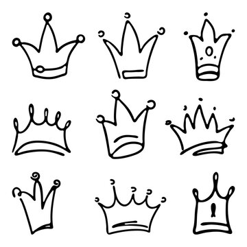 Crown logo graffiti icon Set. Black outline elements isolated on white background. Vector illustration.