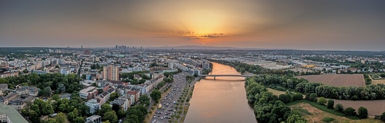 Fototapeta na wymiar Drone panorama over Main river and Offenbach with Frankfurt skyline