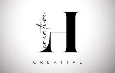 H Letter Design with Creative Cut and Serif Font in Black and White Colors Vector