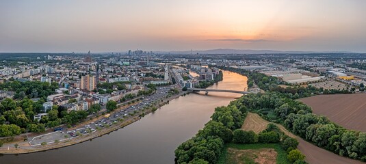 Drone panorama over Main river and Offenbach with Frankfurt skyline