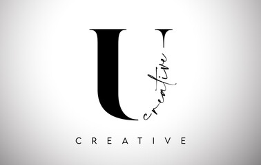 U Letter Design with Creative Cut and Serif Font in Black and White Colors Vector