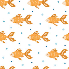 Cartoon goldfish seamless pattern. Sea life theme background in yellow colors. Ocean, wildlife or baby animals wallpaper. Flat style illustration.