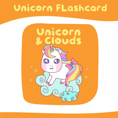 Printable flashcard collection with cute unicorn theme. Vector illustration.