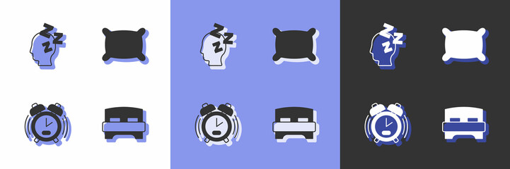 Set Big bed, Dreams, Alarm clock and Pillow icon. Vector