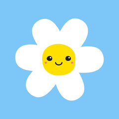 Vector hand drawn flat daisy flower with face isolated on blue background