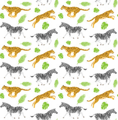 Vector seamless pattern of flat hand drawn leopard and zebra isolated on white background